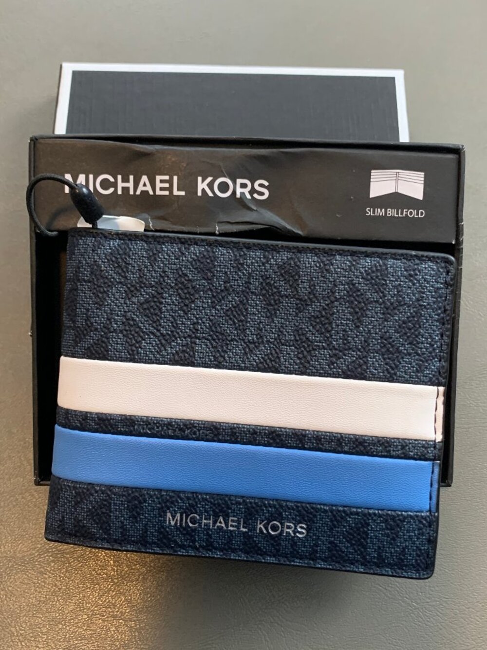 Michael Kors Men's Malone Slim Stripe Logo Wallet, Blue White, One Size